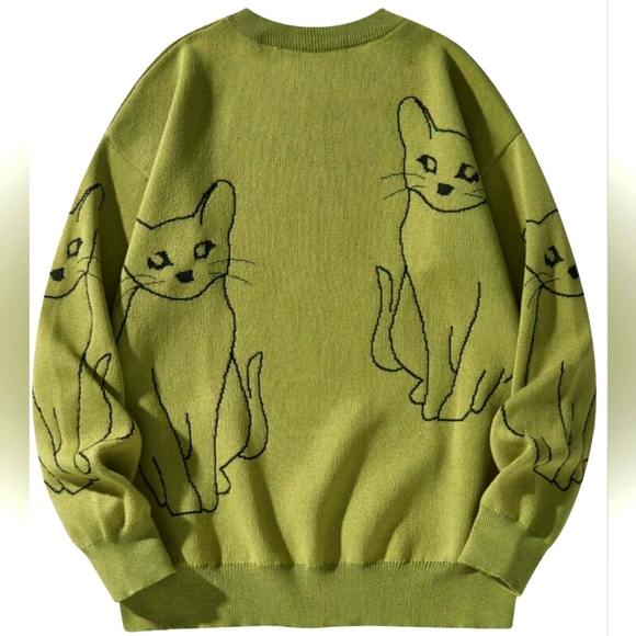 Abstract Cat Military Green Long Sleeve Crewneck Pullover Sweater - Picture 2 of 11